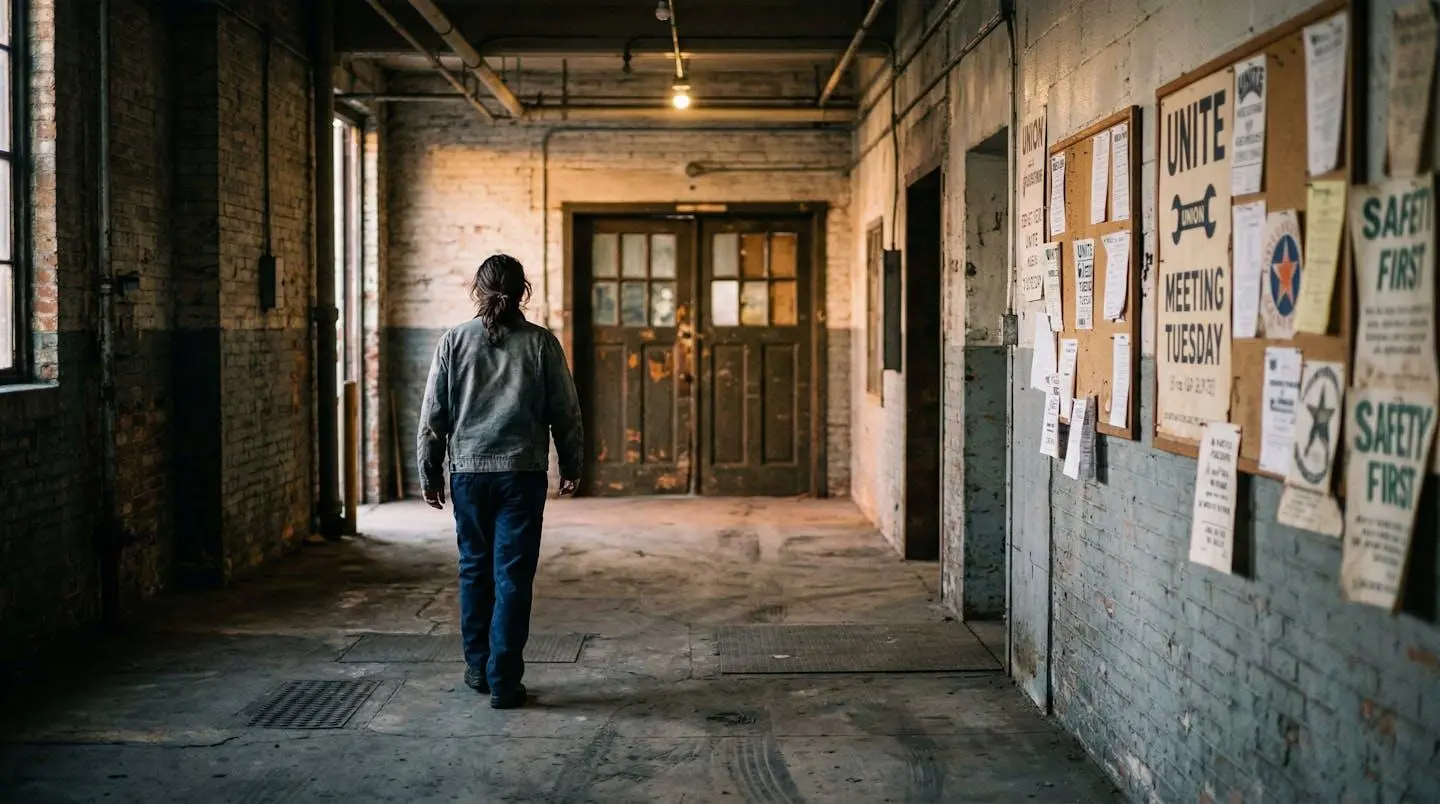 Couloir d'usine avec affichage syndical visible au mur, personne de dos marchant, lumière de fin de journée