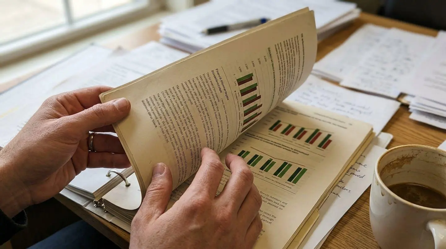 Gros plan sur des mains feuilletant un rapport financier épais avec des graphiques, tasse de café à côté sur un bureau légèrement encombré