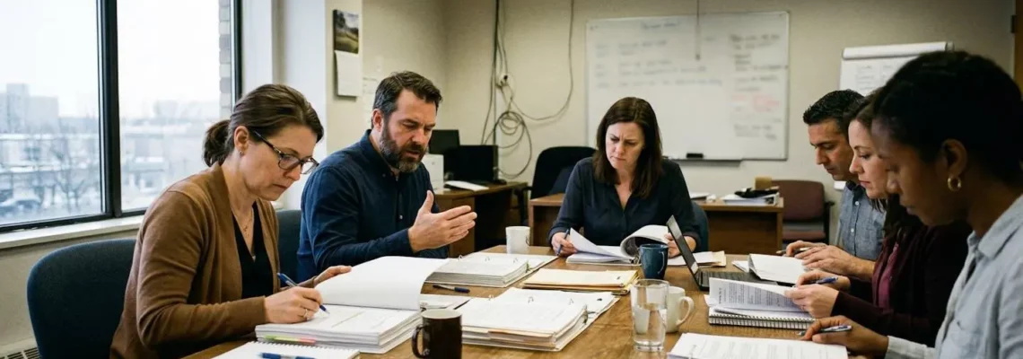 Élus assis autour d'une table de réunion, feuilletant des documents épais avec des expressions concentrées, lumière de néons d'une salle de réunion d'entreprise