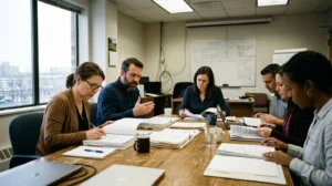 Élus assis autour d'une table de réunion, feuilletant des documents épais avec des expressions concentrées, lumière de néons d'une salle de réunion d'entreprise