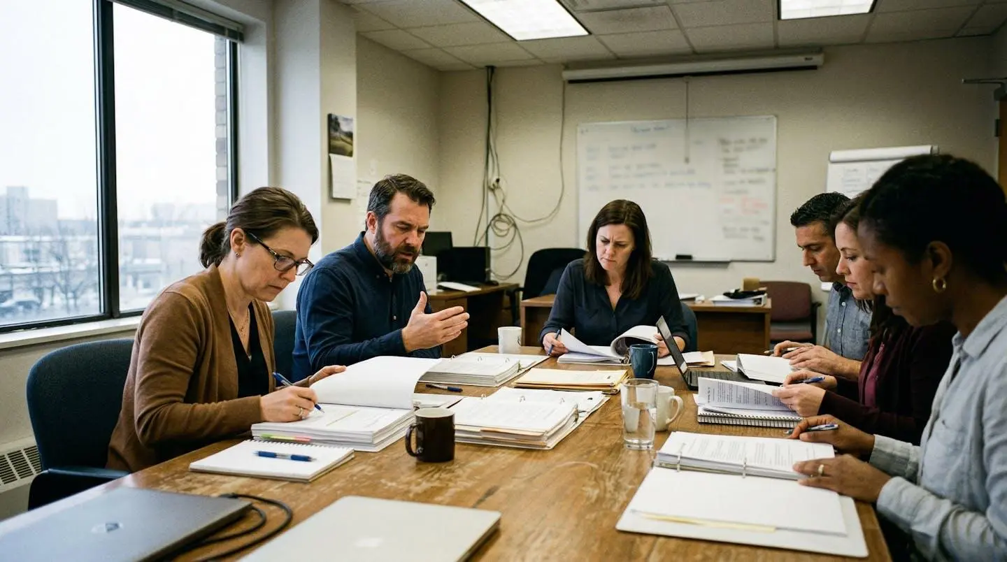 Élus assis autour d'une table de réunion, feuilletant des documents épais avec des expressions concentrées, lumière de néons d'une salle de réunion d'entreprise